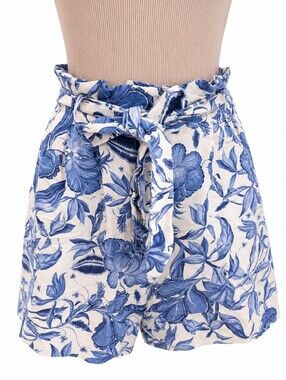 H&M Blue White Floral Paperbag Waist Shorts Women’s Size 6